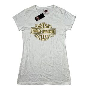 Harley Davidson Gold Glitter Graphic Crew Neck Baby Tee T-Shirt NWT White Lg Jrs